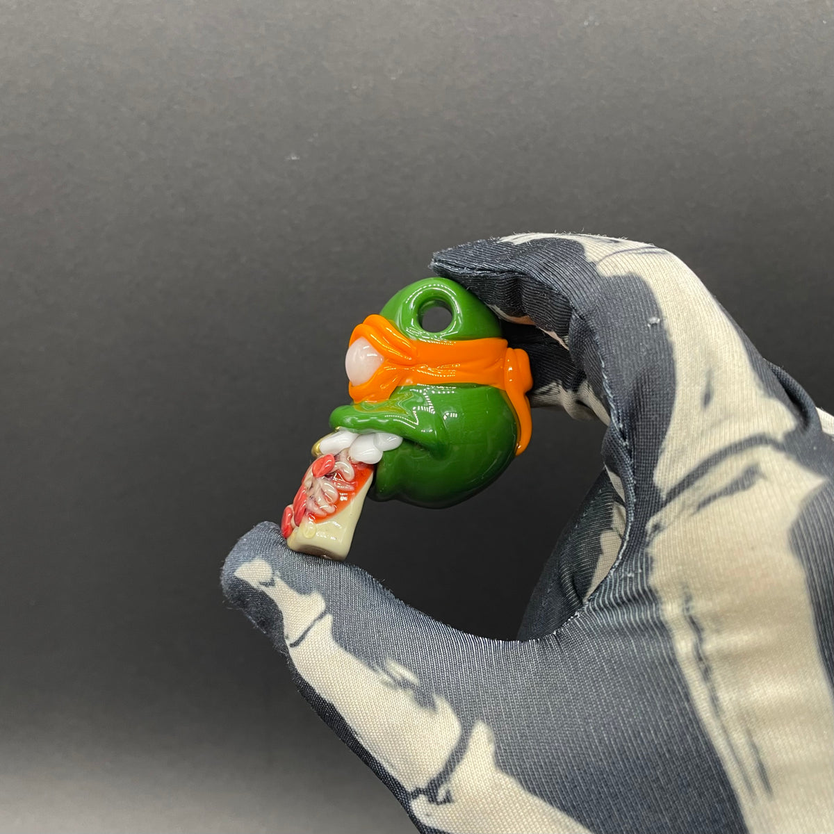 Glass Ninja Turtle Pendant – Handmade Michelangelo Pizza Necklace, TMNT Fan Jewelry
