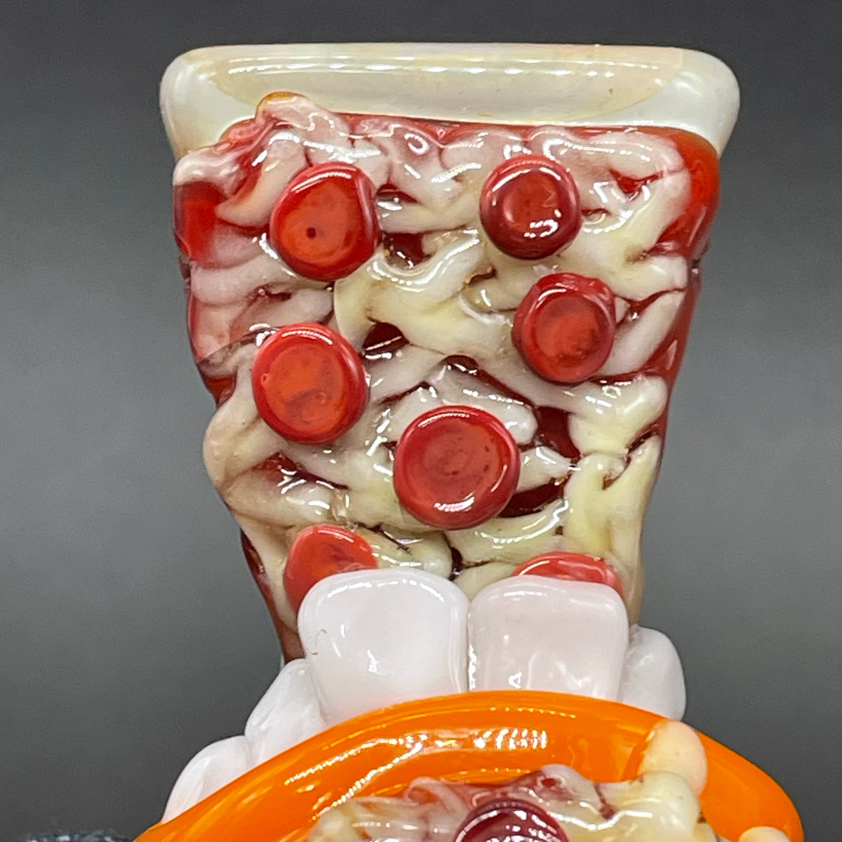 Artisan glass 14mm 4 hole orange pizza fiend slide - detailed craftsmanship