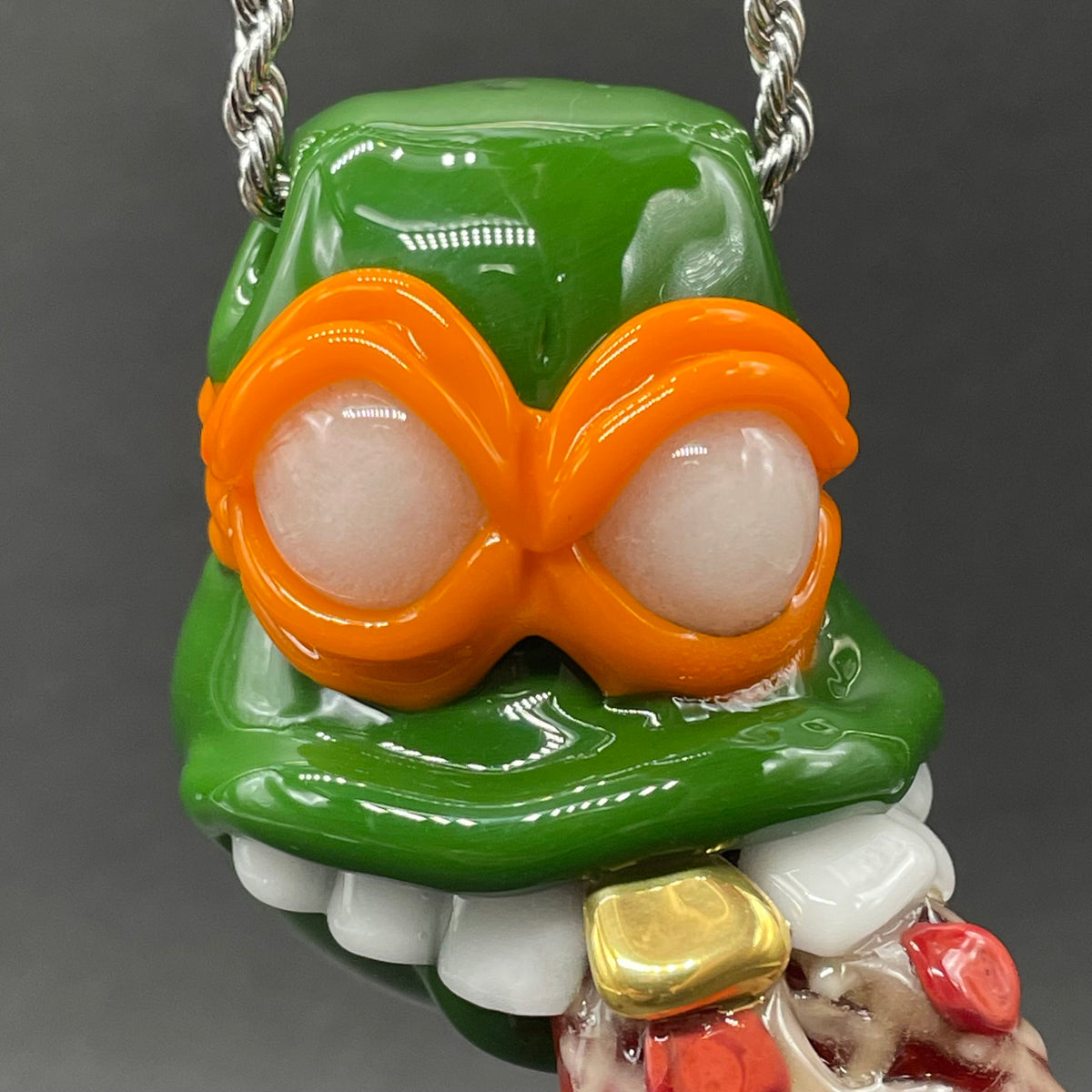 Glass Ninja Turtle Pendant – Handmade Michelangelo Pizza Necklace, TMNT Fan Jewelry