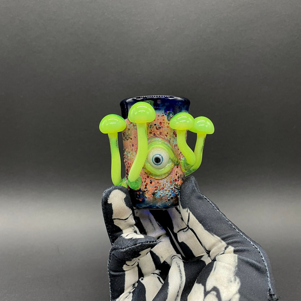 Green slime mushroom shot glass hand blown glass art - Leviathan Glass