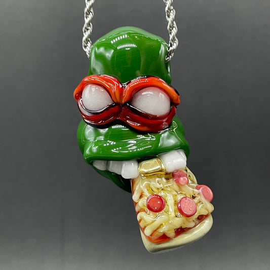 Glass Ninja Turtle Pendant – Handmade Raphael Pizza Necklace, TMNT Fan Jewelry