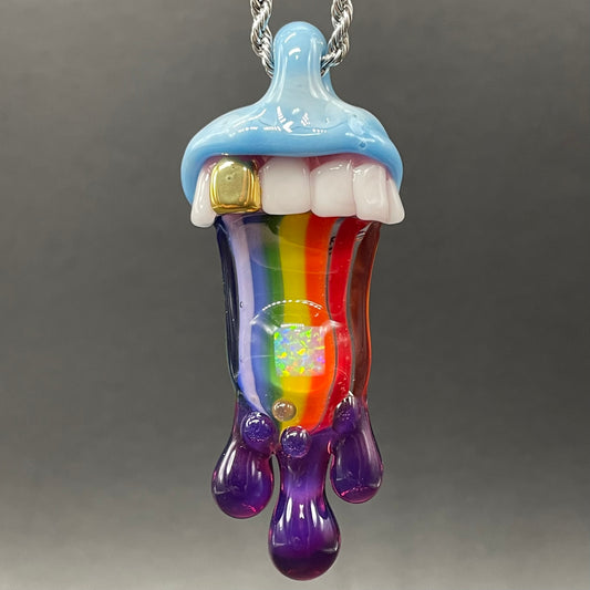 Glass opal rainbow tongue pendant detail view - premium glass art