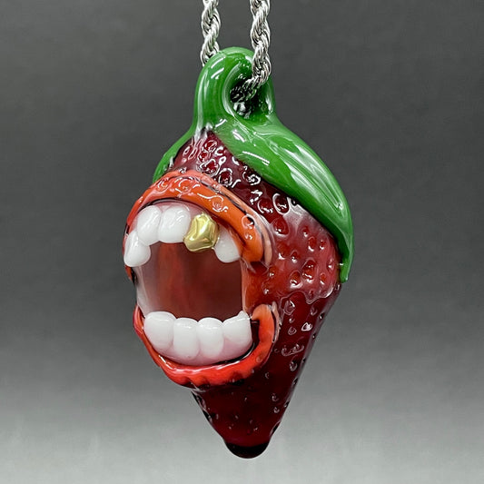 Screaming strawberry glass pendant detail view - premium glass art