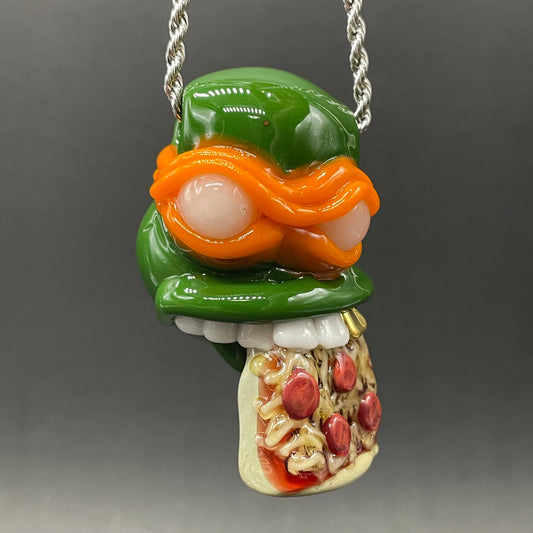 Glass Ninja Turtle Pendant – Handmade Michelangelo Pizza Necklace, TMNT Fan Jewelry
