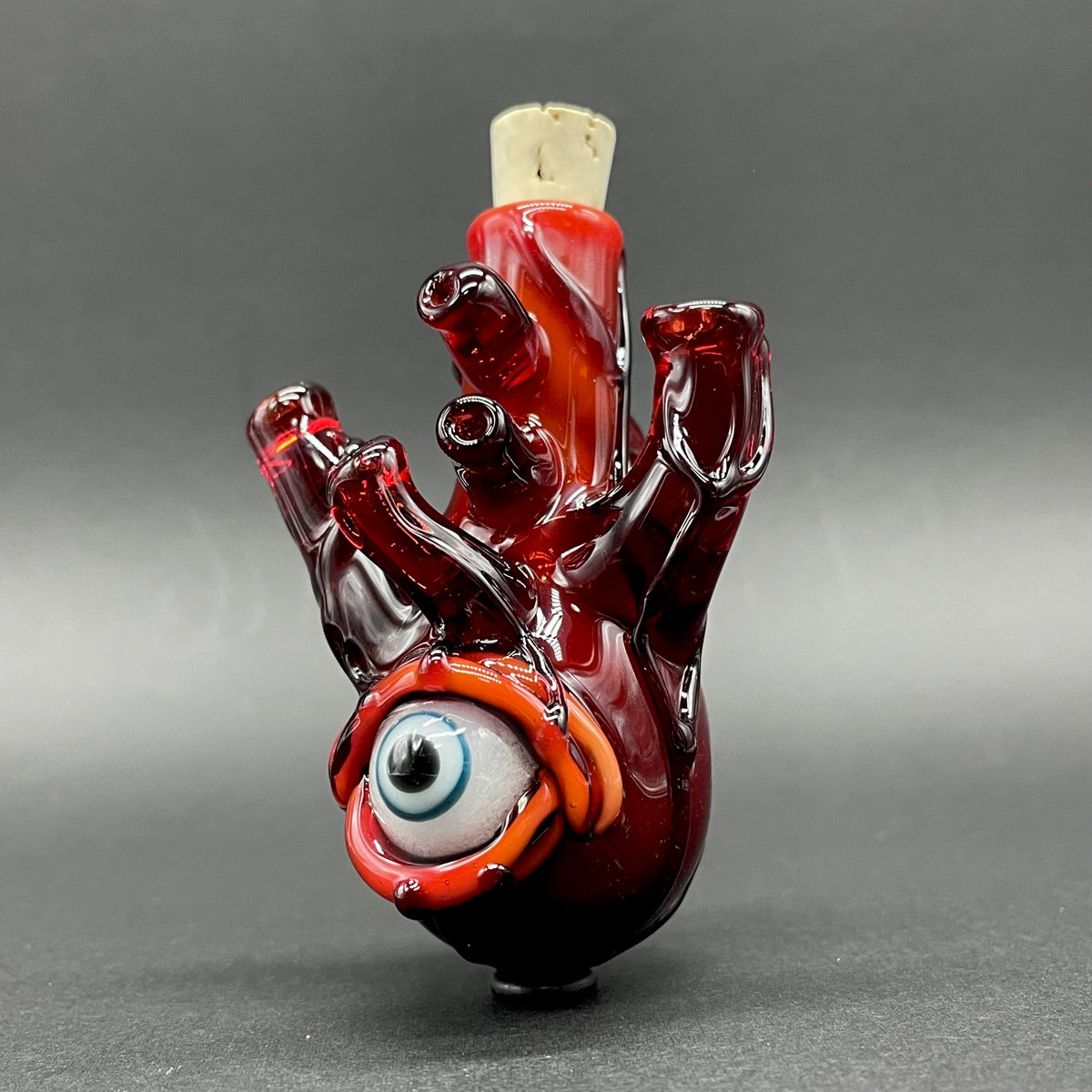 Anatomical glass heart cork jar pendant detail view - premium glass art