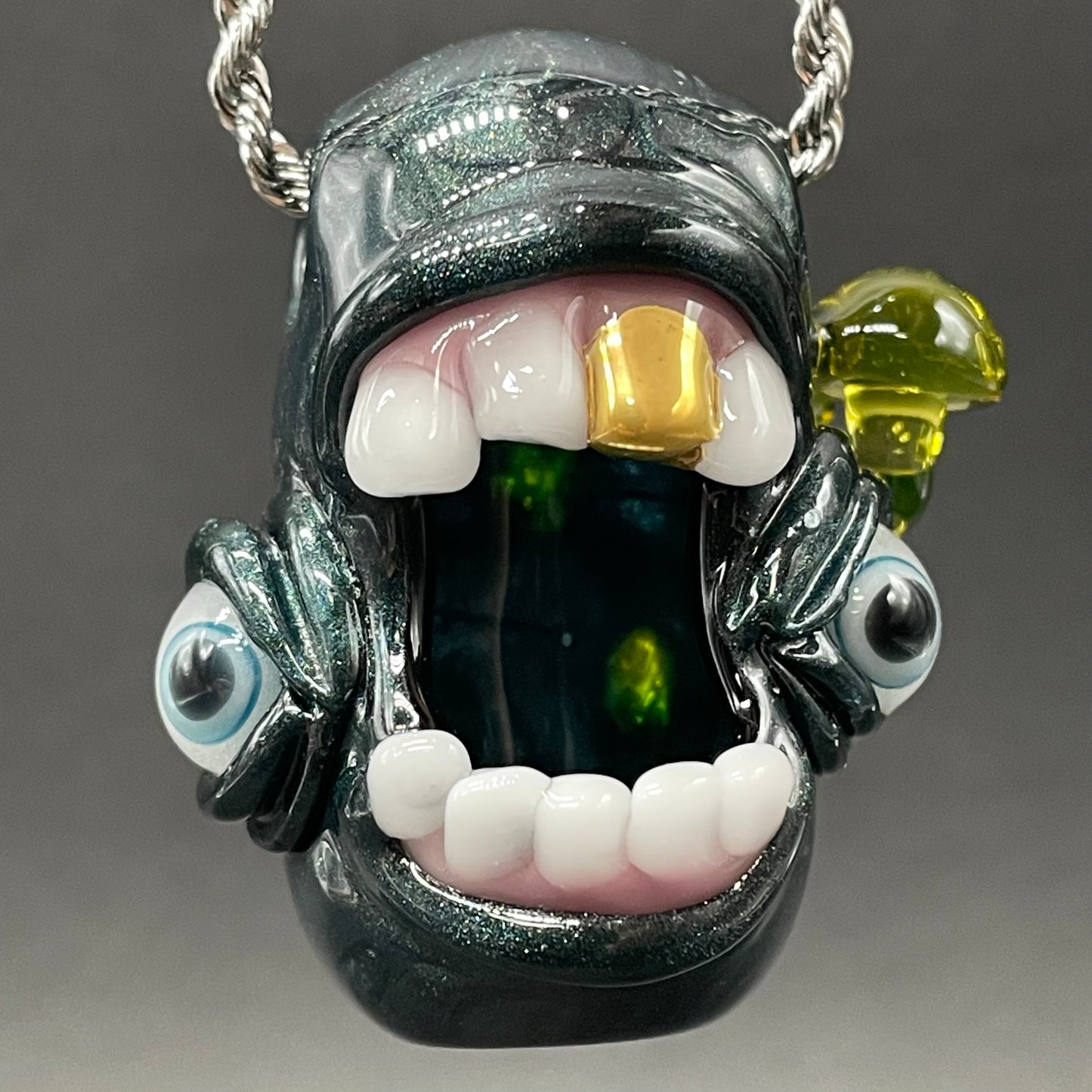 Hand-blown Screaming UV reactive mushroom monster pendant - Leviathan Glass original