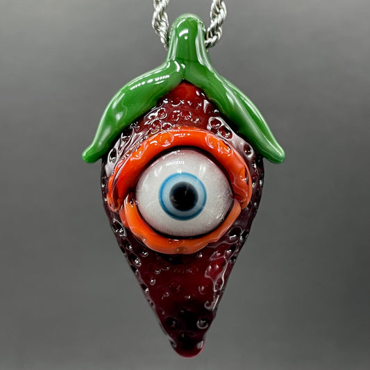 Cyclops strawberry pendant detail view - premium glass art