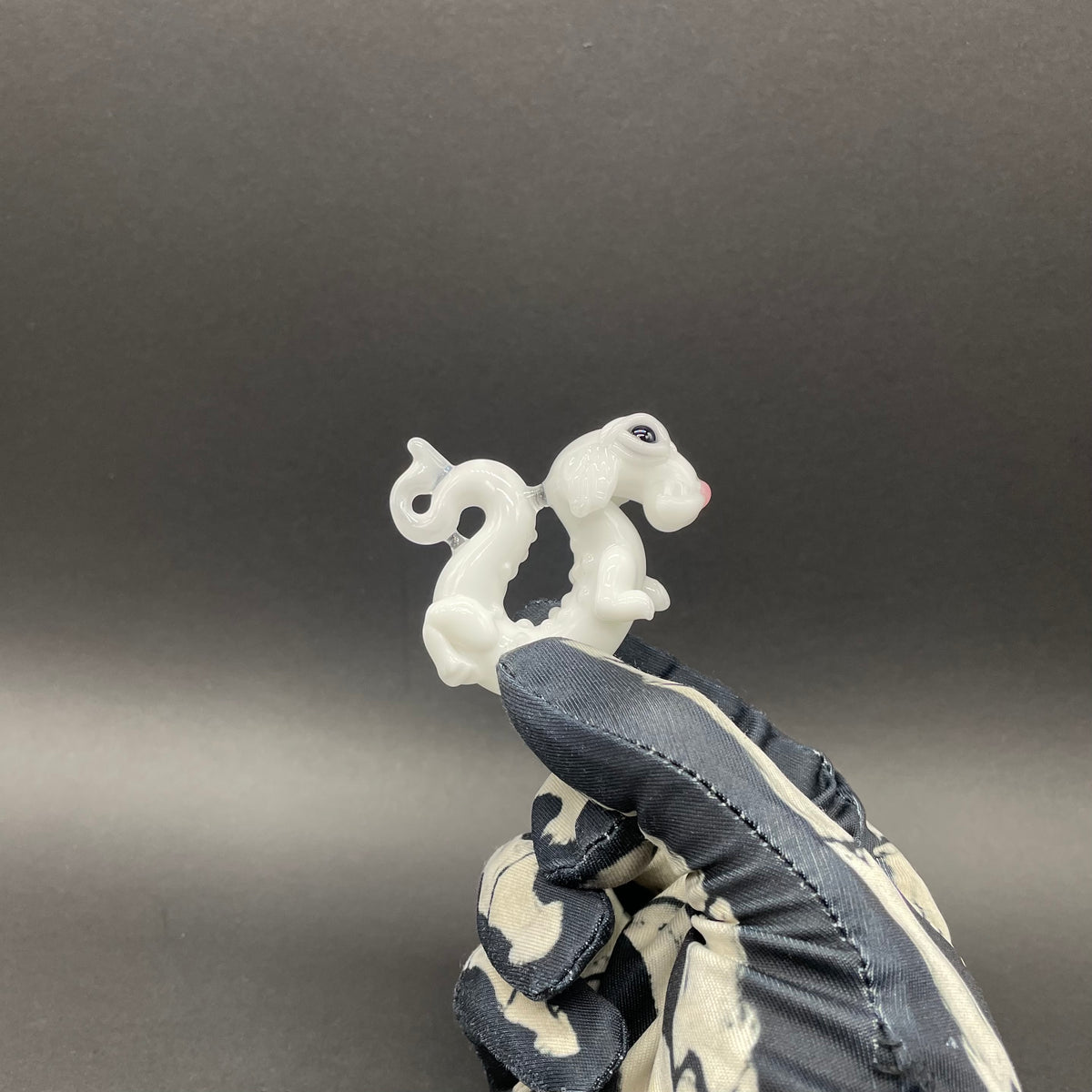 Falcore the Luck Dragon handblown glass sculpture - Neverending Story white fur dragon with pink nose, kind eyes, flowing mane, silver rope chain - Leviathan Glass