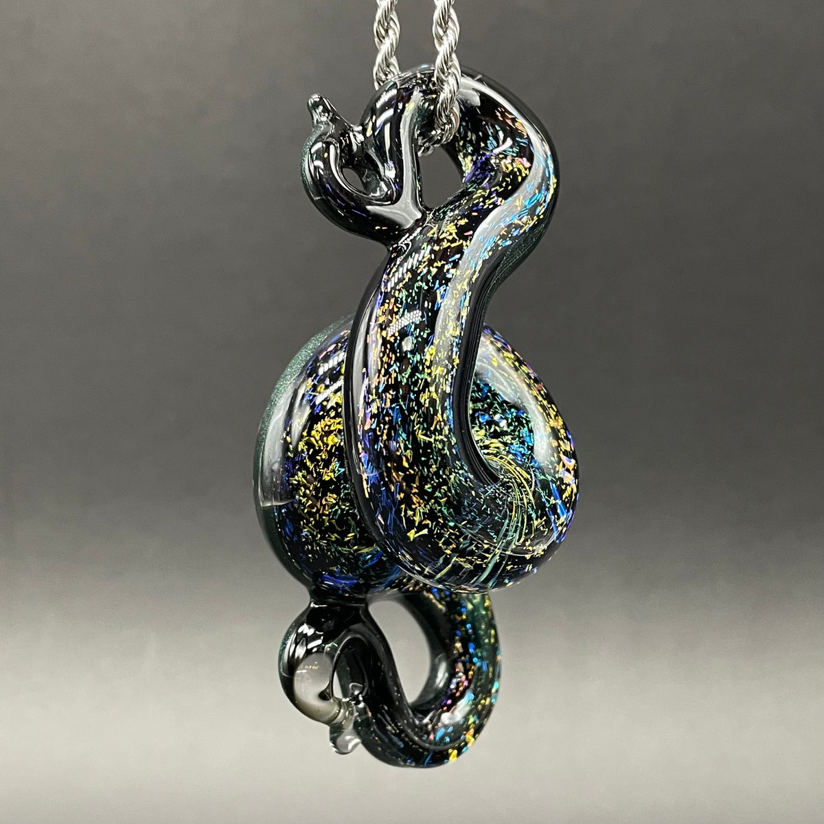 Dichroic rainbow sparkle snake pendant craftsmanship - artisan glass work