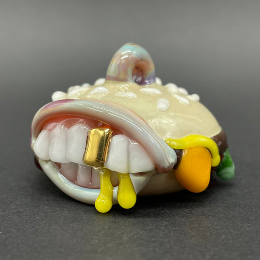 Glass Cheeseburger pendant detail view - premium glass art