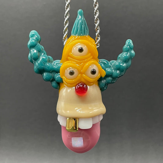Krusty the clown glass pendant with opal tab detail view - premium glass art