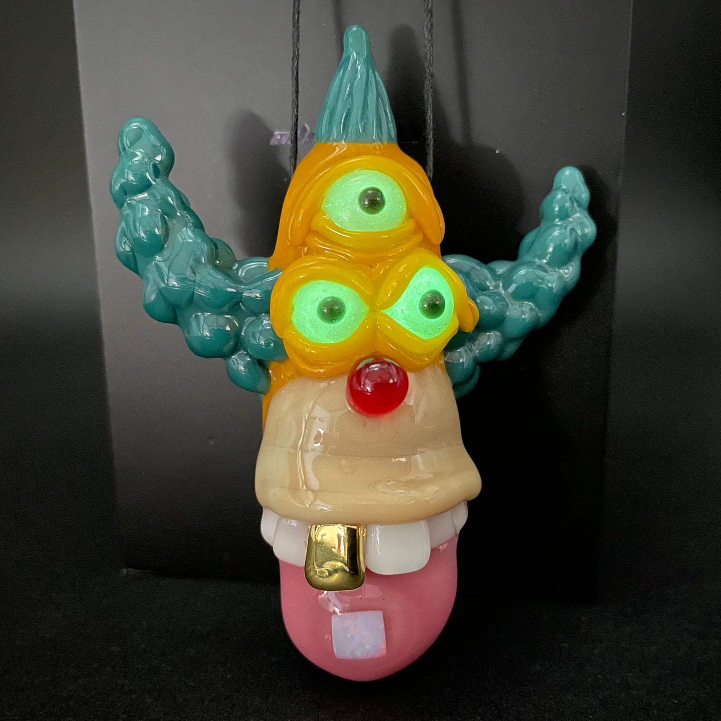 Hand-blown Krusty the clown glass pendant with opal tab - Leviathan Glass original