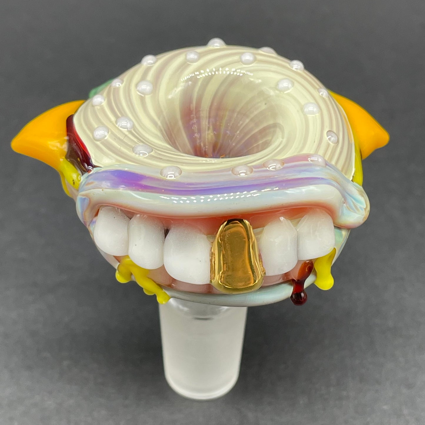 Close-up of 14mm cheeseburger slide - handcrafted glass