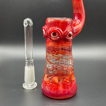 Close-up of 14mm RED Removable Down Stem Rig - handcrafted glass