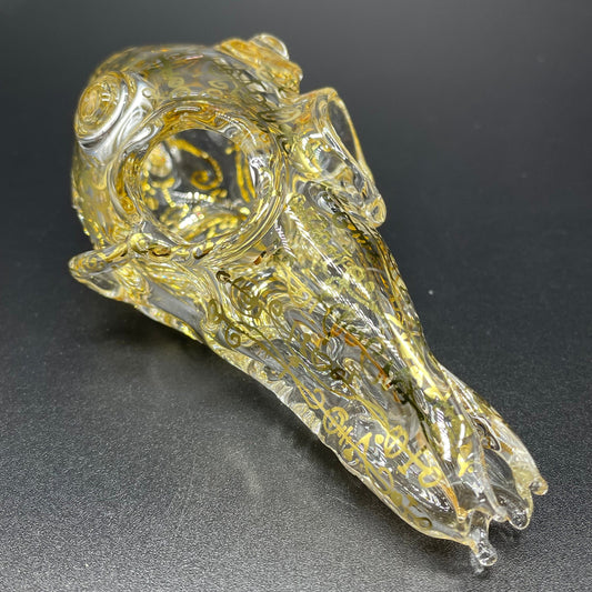 Mystical Gold rune skull detail view - premium glass art