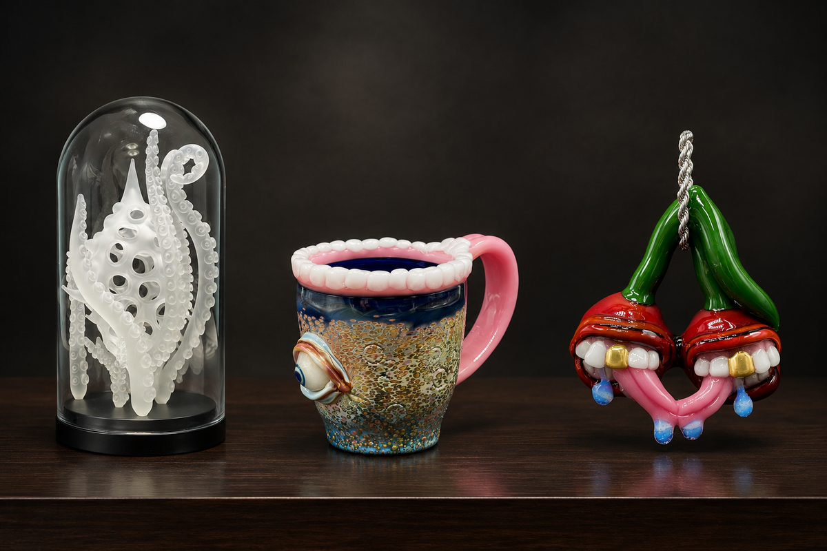 Handblown glass art by Leviathan Glass: amoeba bell dome, tea cup and cherry pendant.