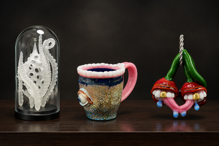 Handblown glass art by Leviathan Glass: amoeba bell dome, tea cup and cherry pendant.