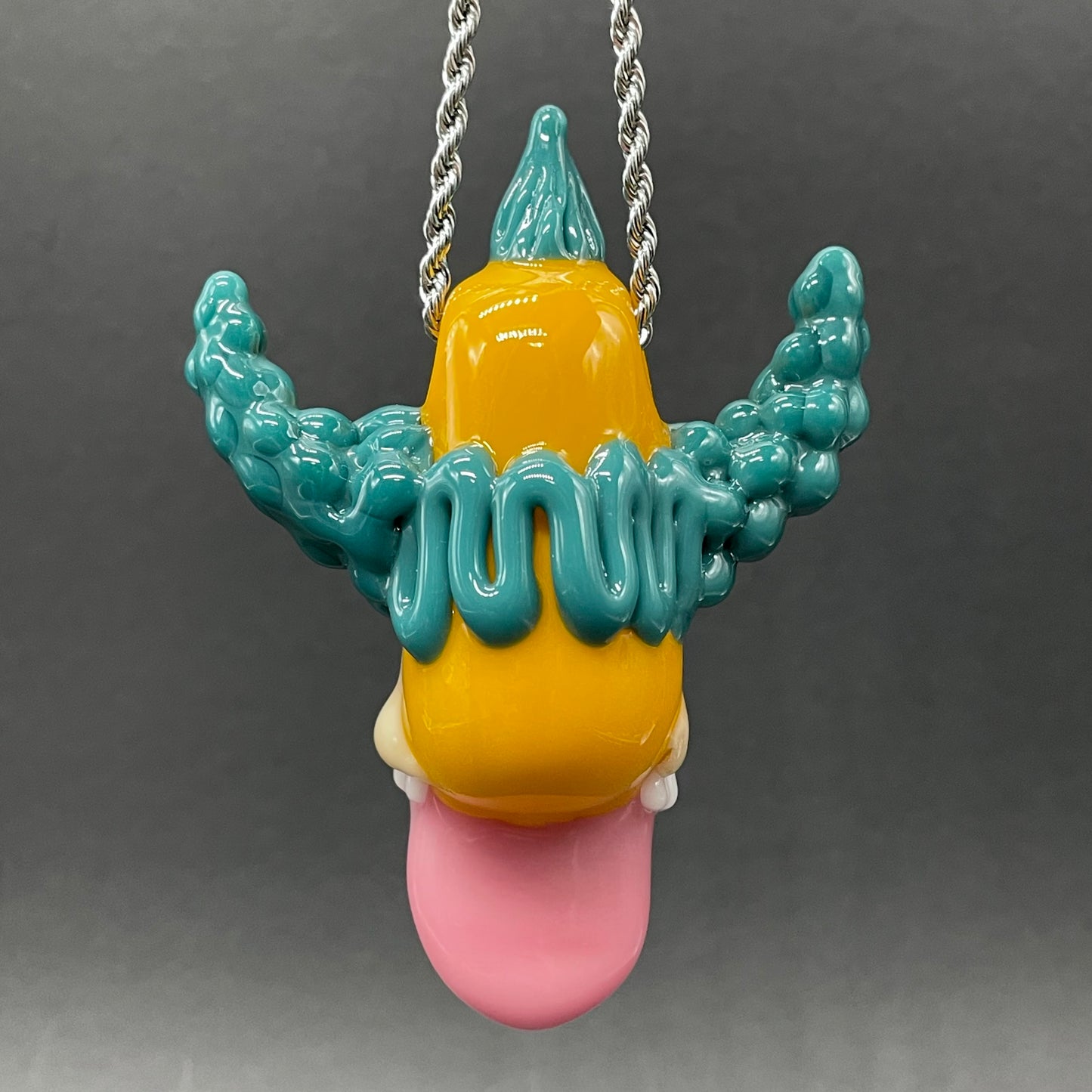 Hand-blown Krusty the clown glass pendant with opal tab - Leviathan Glass original