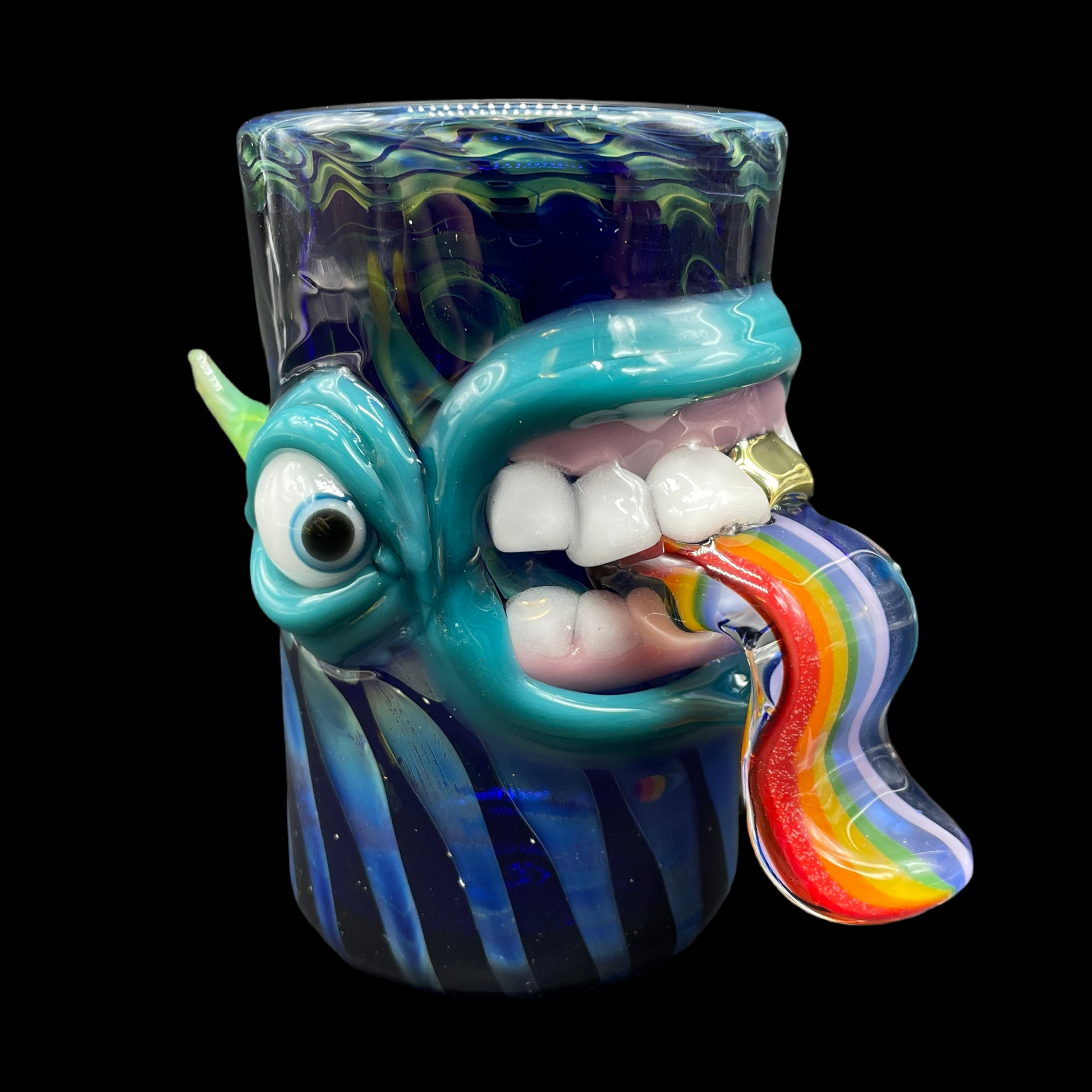 Hand-blown glass Hand blown kool AID tongue shot glass with gold tooth by Leviathan Glass