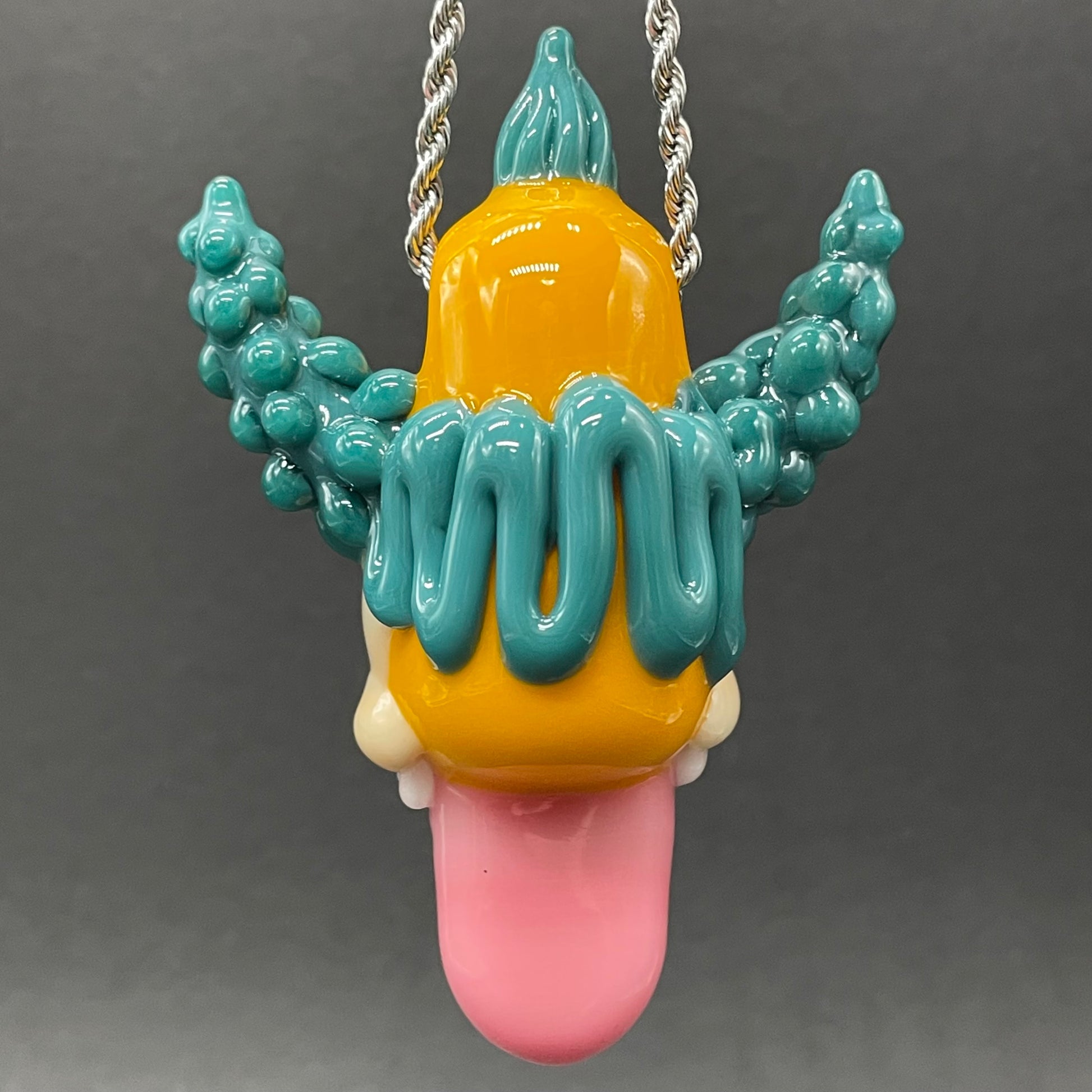 Krusty the Clown handblown glass pendant - Simpsons Krusty clown face with third eye, opal tab accent, white teeth, silver rope chain - Leviathan Glass