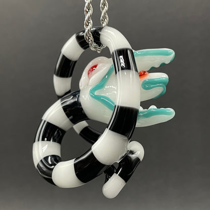 Beetlejuice Inspired handblown solid glass Sandworm sculpture - coiled black and white striped sandworm with white worm head, teal tongue, red eyes - Leviathan Glass