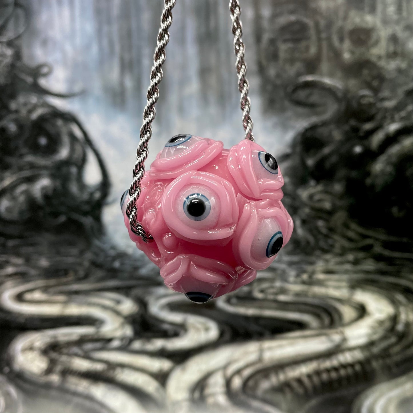 Hand-blown glass Pink Argus pendant by Leviathan Glass