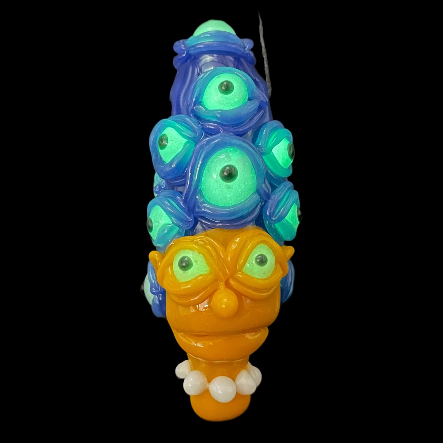 Marge Simpson Mutant handblown glass pendant - yellow Marge Simpson face with towering stack of blue cyclops creatures forming her hair, white pearl beads, silver rope chain - Leviathan Glass