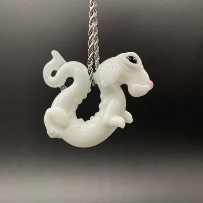 Falcore the Luck Dragon handblown glass sculpture - Neverending Story white fur dragon with pink nose, kind eyes, flowing mane, silver rope chain - Leviathan Glass