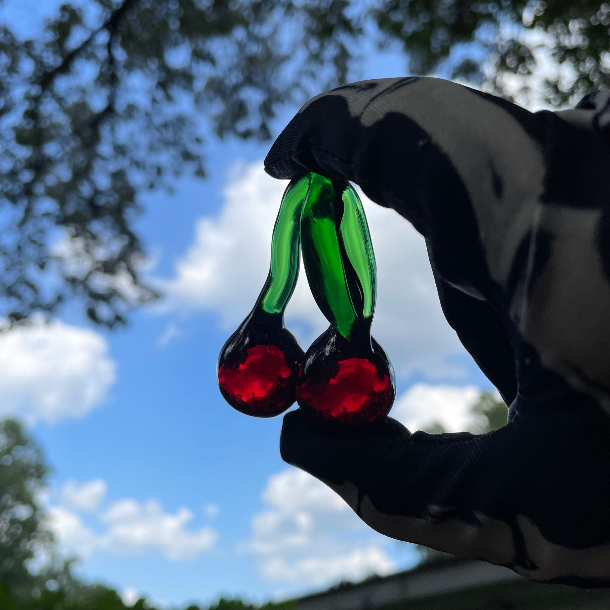 Hand-blown glass Transparent cherry pendant by Leviathan Glass
