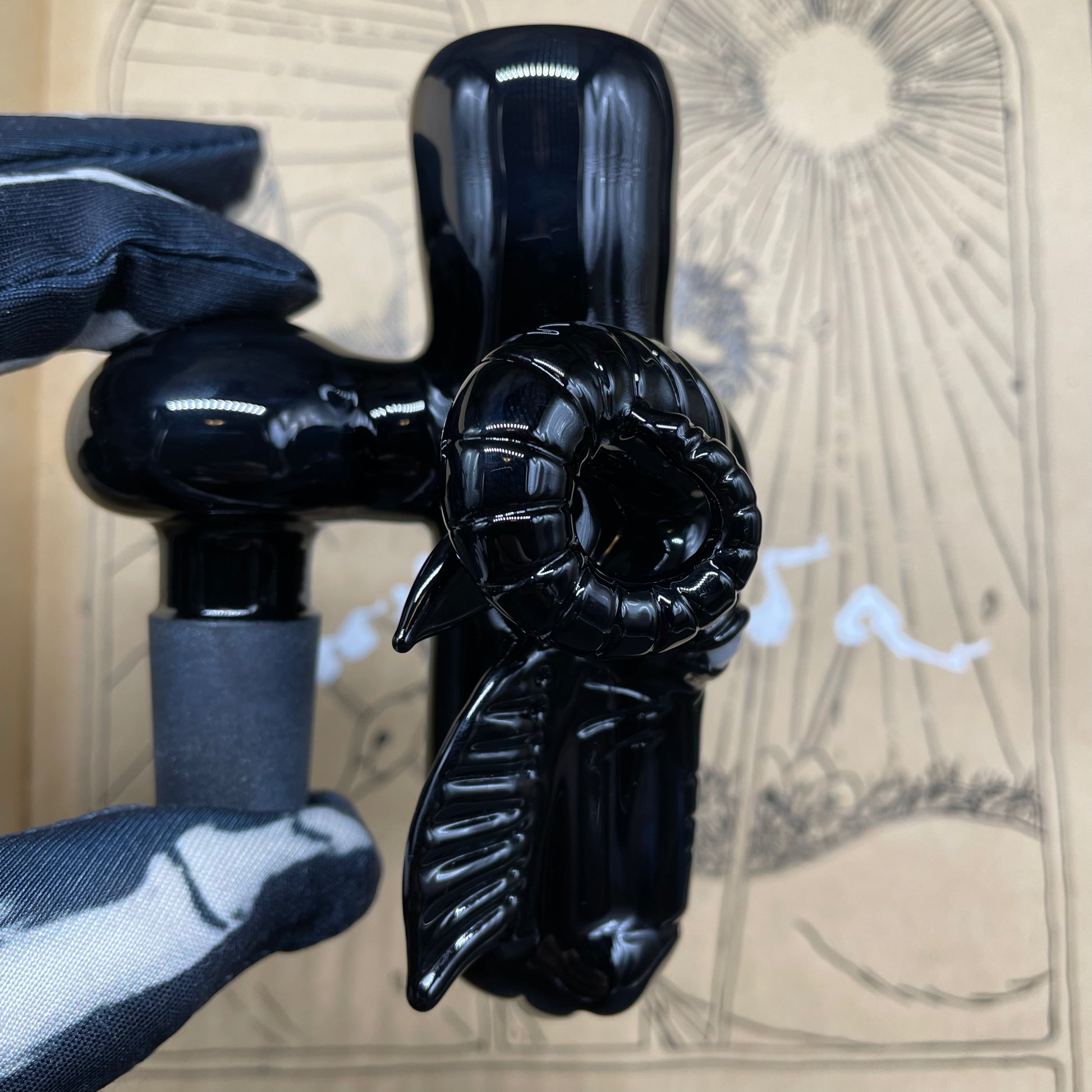 Close-up of 18mm black Philip dry catch - handcrafted glass