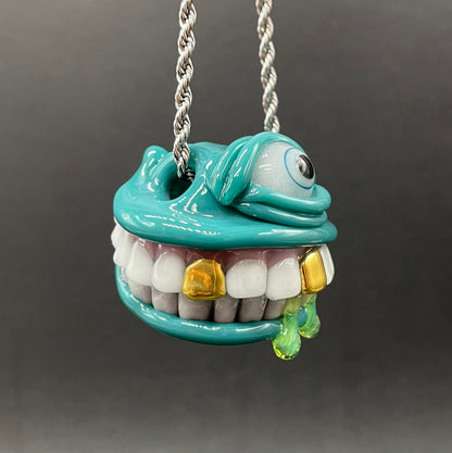 Grinning Like a Fool handblown glass pendant - oversized grinning monster face, white teeth, gold tooth, opal accents, silver rope chain - Leviathan Glass