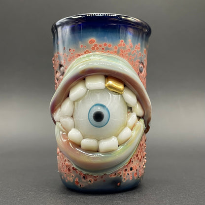 Close-up of Lemmy kilmister shot glass - handcrafted glass