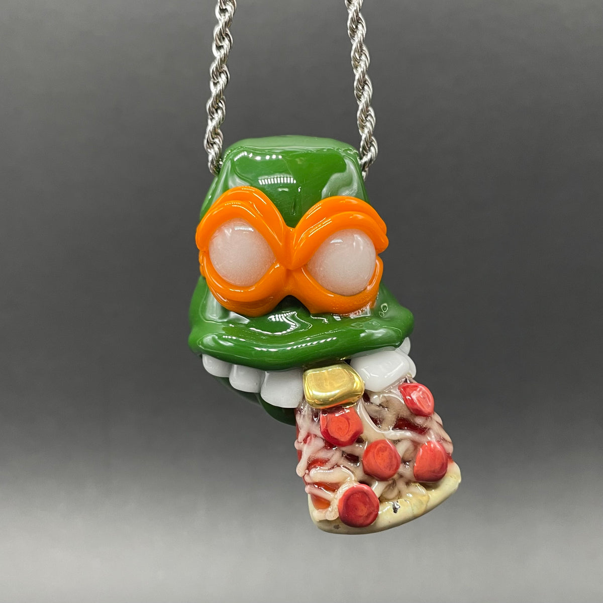 Glass Ninja Turtle Pendant – Handmade Michelangelo Pizza Necklace, TMNT Fan Jewelry