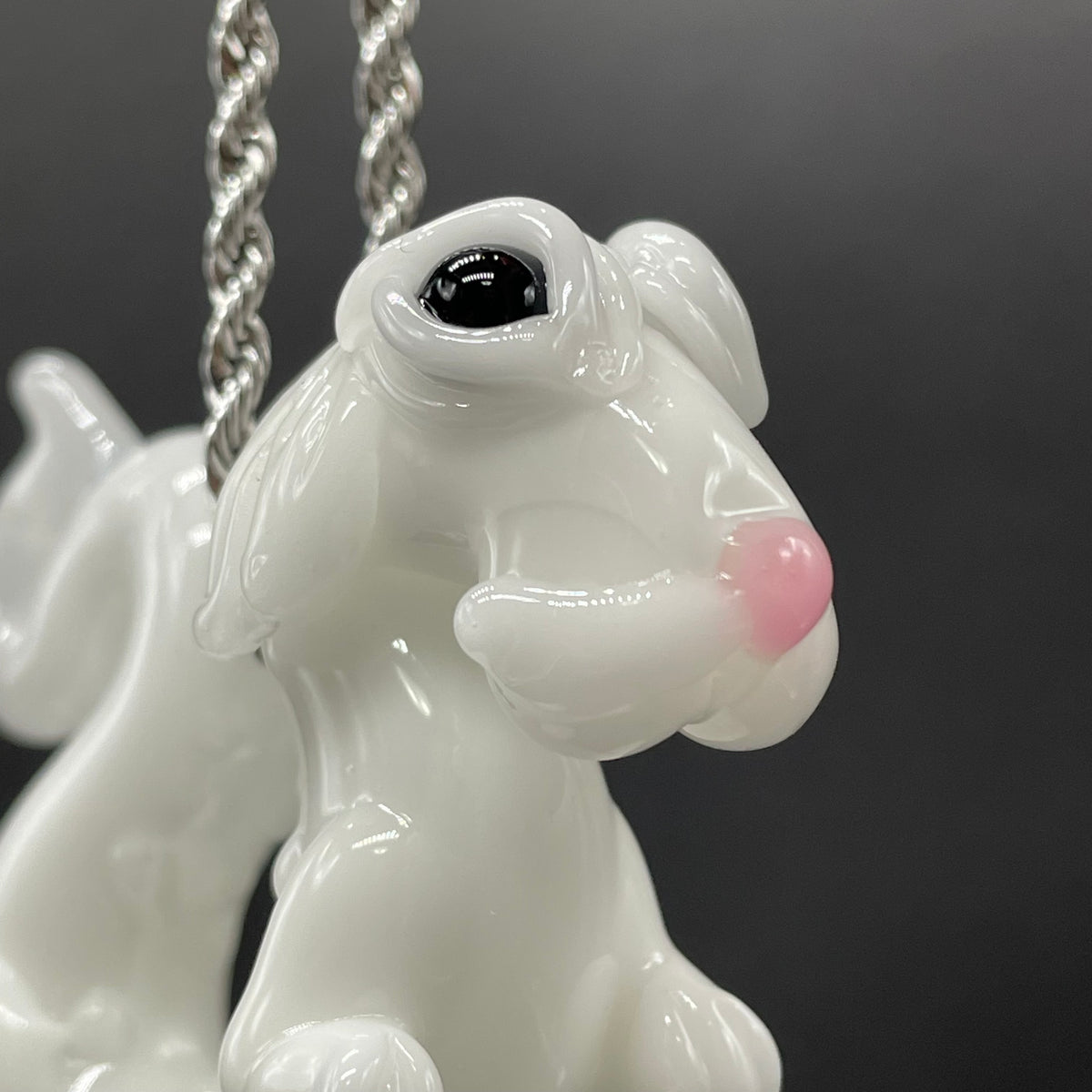 Falcore the Luck Dragon handblown glass sculpture - Neverending Story white fur dragon with pink nose, kind eyes, flowing mane, silver rope chain - Leviathan Glass
