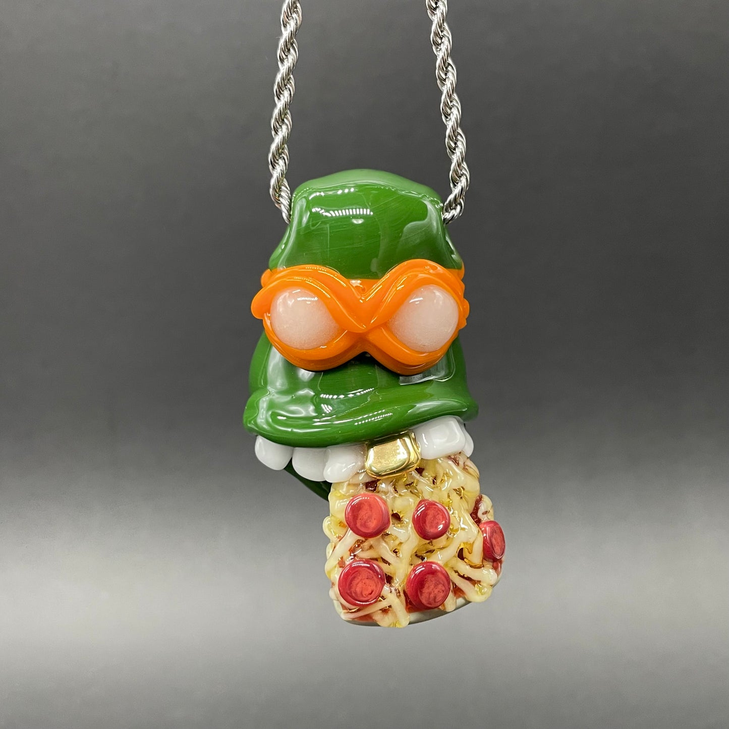 Hand-blown glass Glass Ninja Turtle Pendant – Handmade Michelangelo Pizza Necklace, TMNT Fan Jewelry by Leviathan Glass