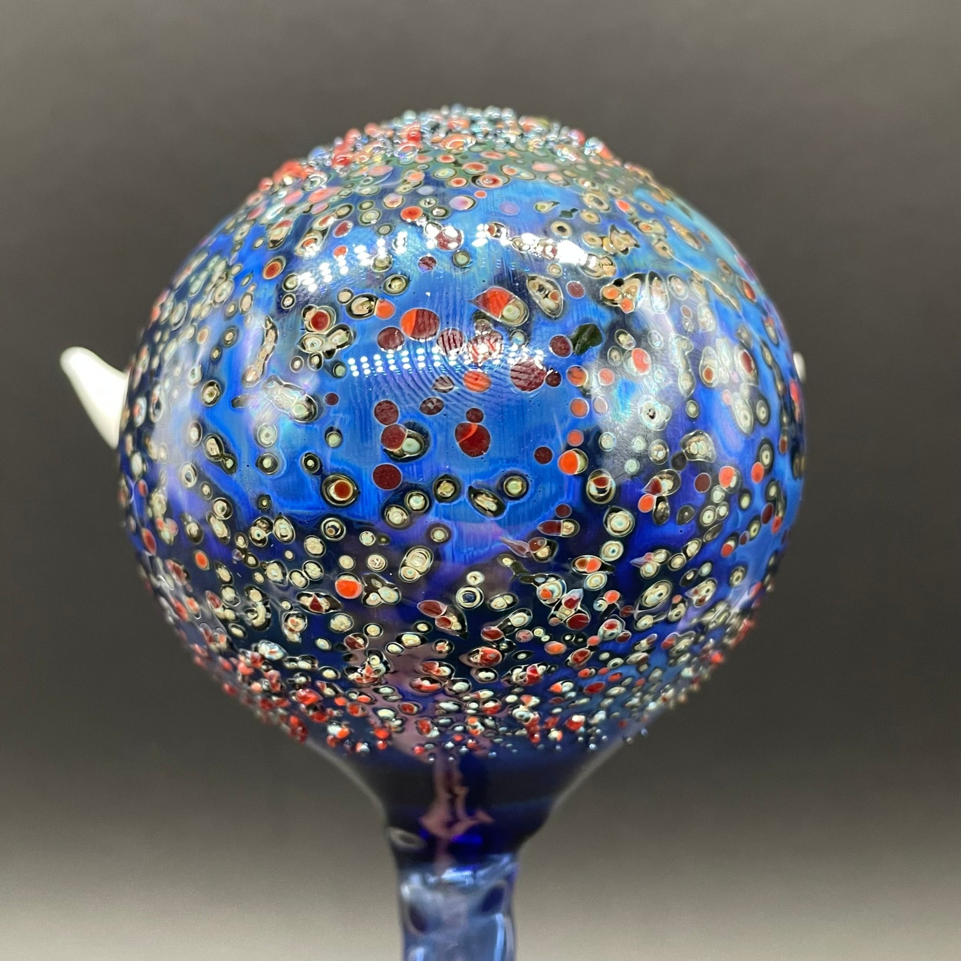Hand Blown Glass Monster Watering Globe - round cyclops head, blue iris eye, white teeth, gold tooth, teal tongue drips, teal glass stake - Leviathan Glass