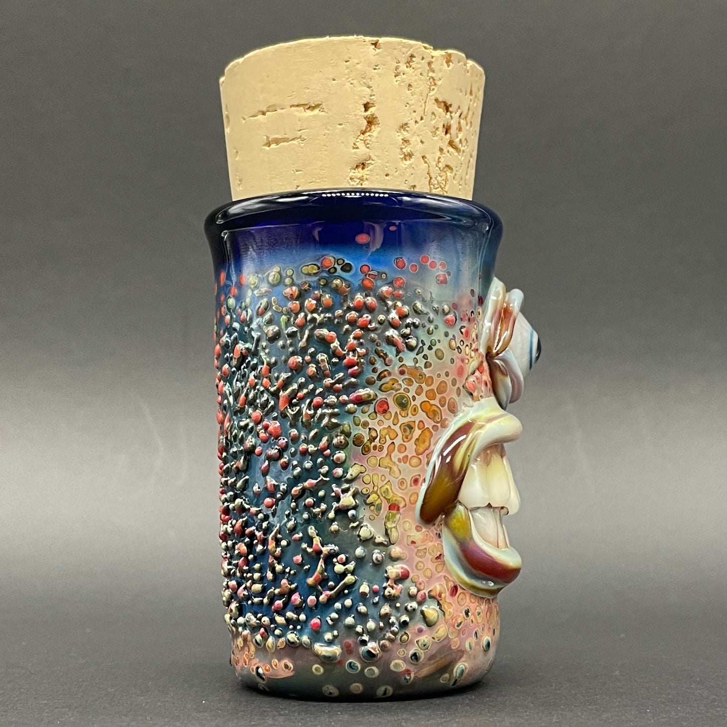 Artisan glass Cyclops cork jar - detailed craftsmanship