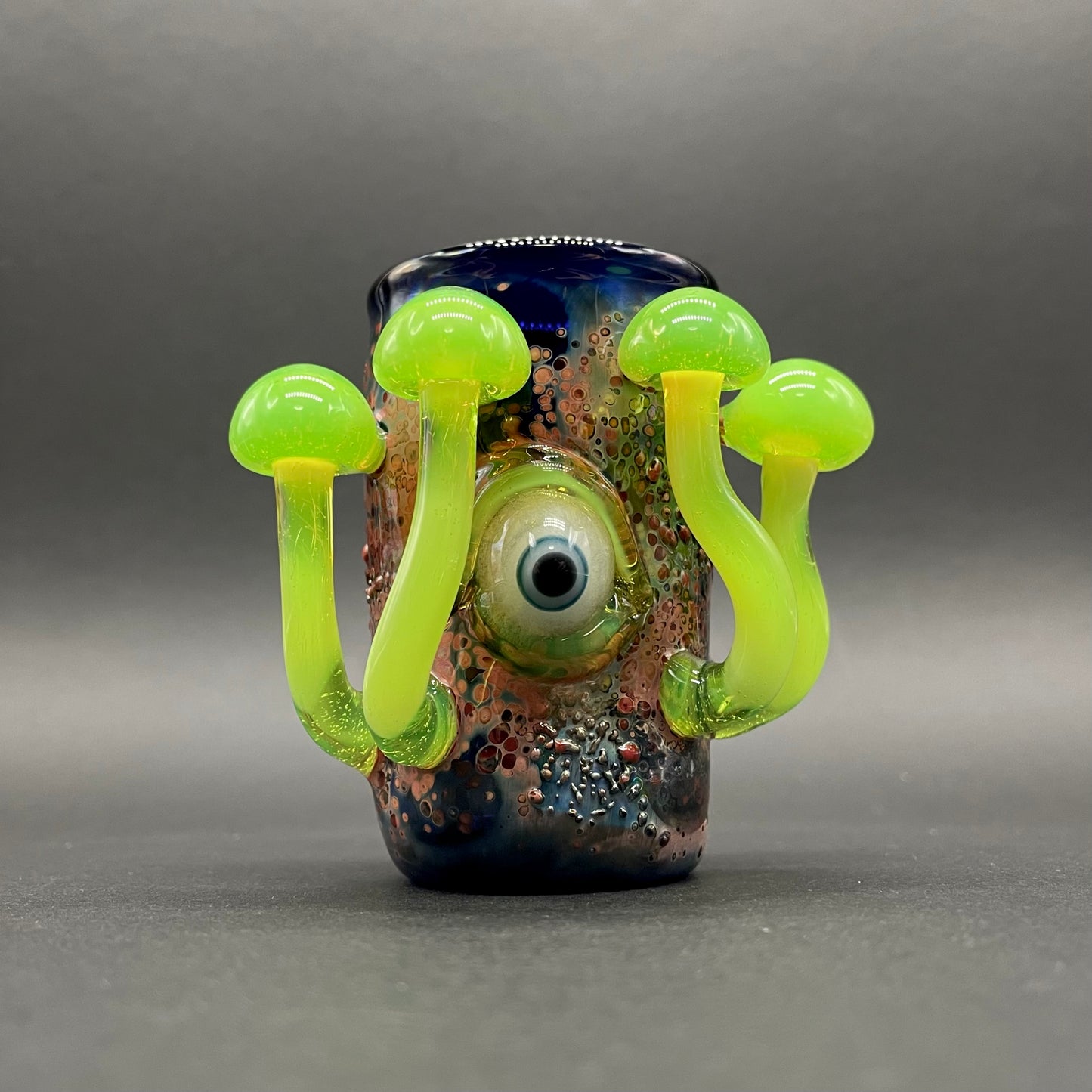 Hand-blown glass Green slime mushroom shot glass by Leviathan Glass