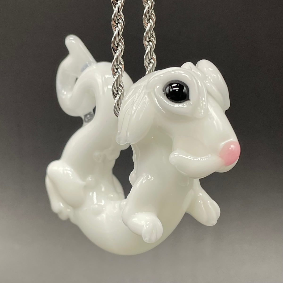 Falcore the Luck Dragon handblown glass sculpture - Neverending Story white fur dragon with pink nose, kind eyes, flowing mane, silver rope chain - Leviathan Glass