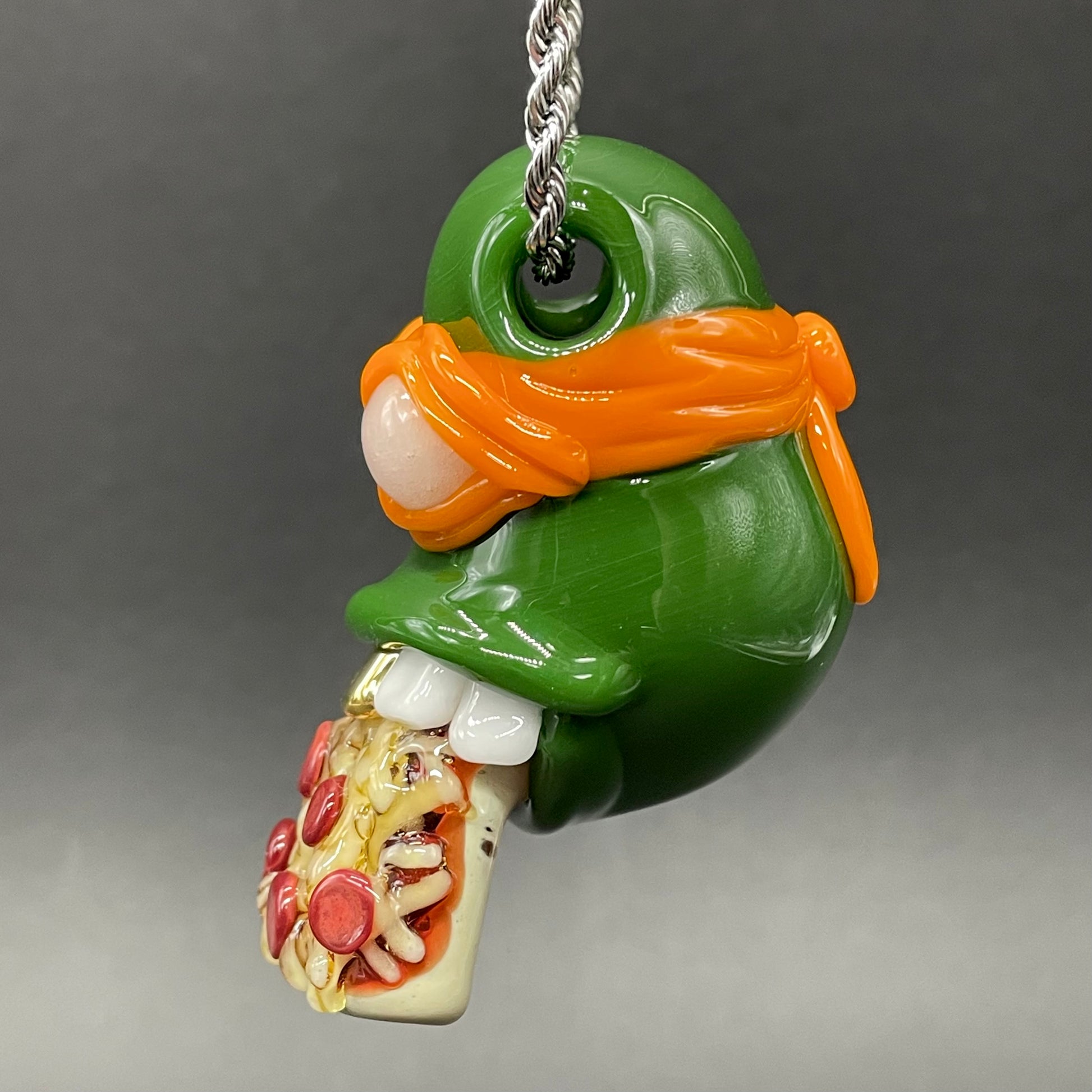 Artisan glass Glass Ninja Turtle Pendant – Handmade Michelangelo Pizza Necklace, TMNT Fan Jewelry - detailed craftsmanship