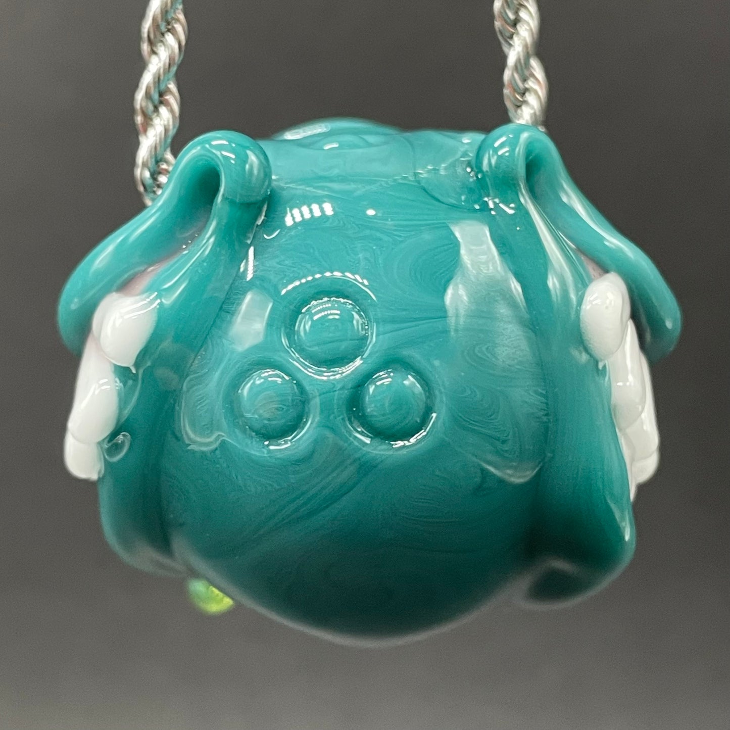 Grinning Like a Fool handblown glass pendant - oversized grinning monster face, white teeth, gold tooth, opal accents, silver rope chain - Leviathan Glass