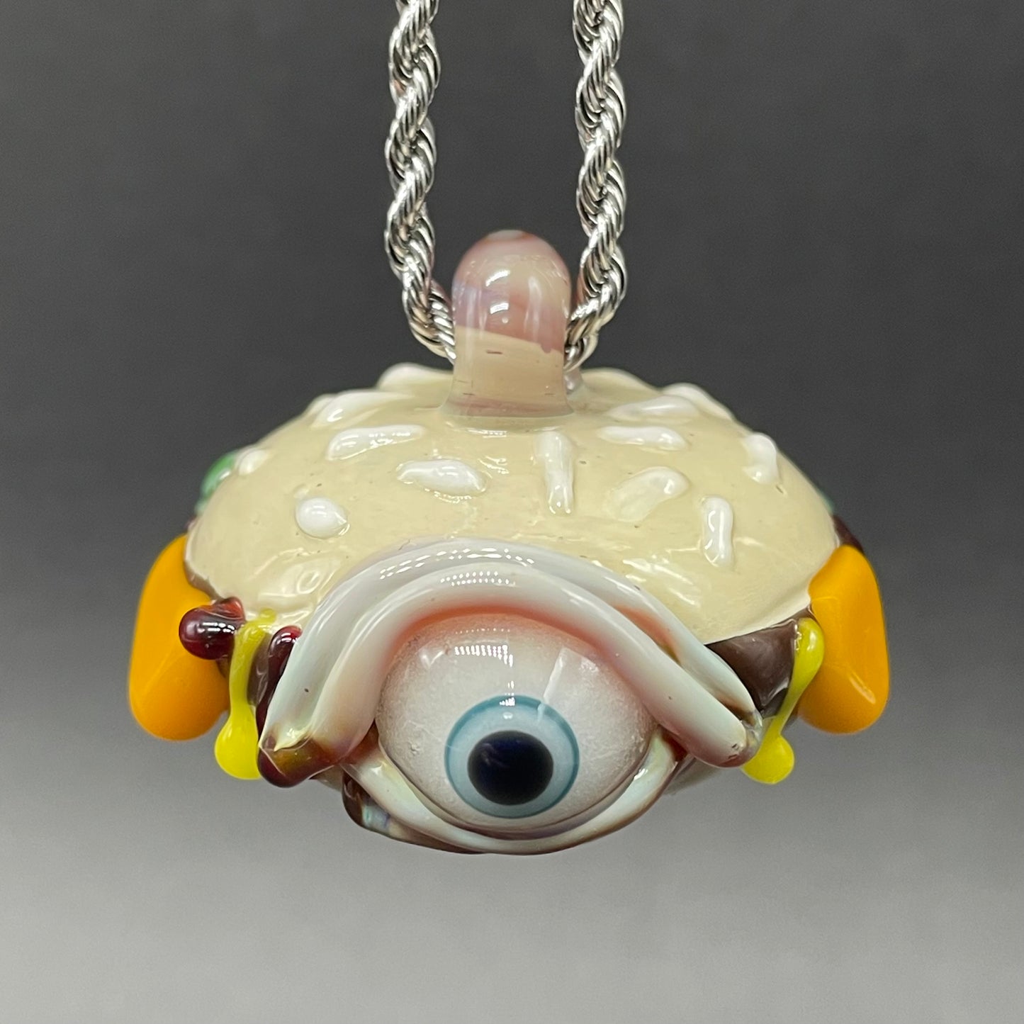 Hand-blown Eye love cheeseburger pendant - Leviathan Glass original