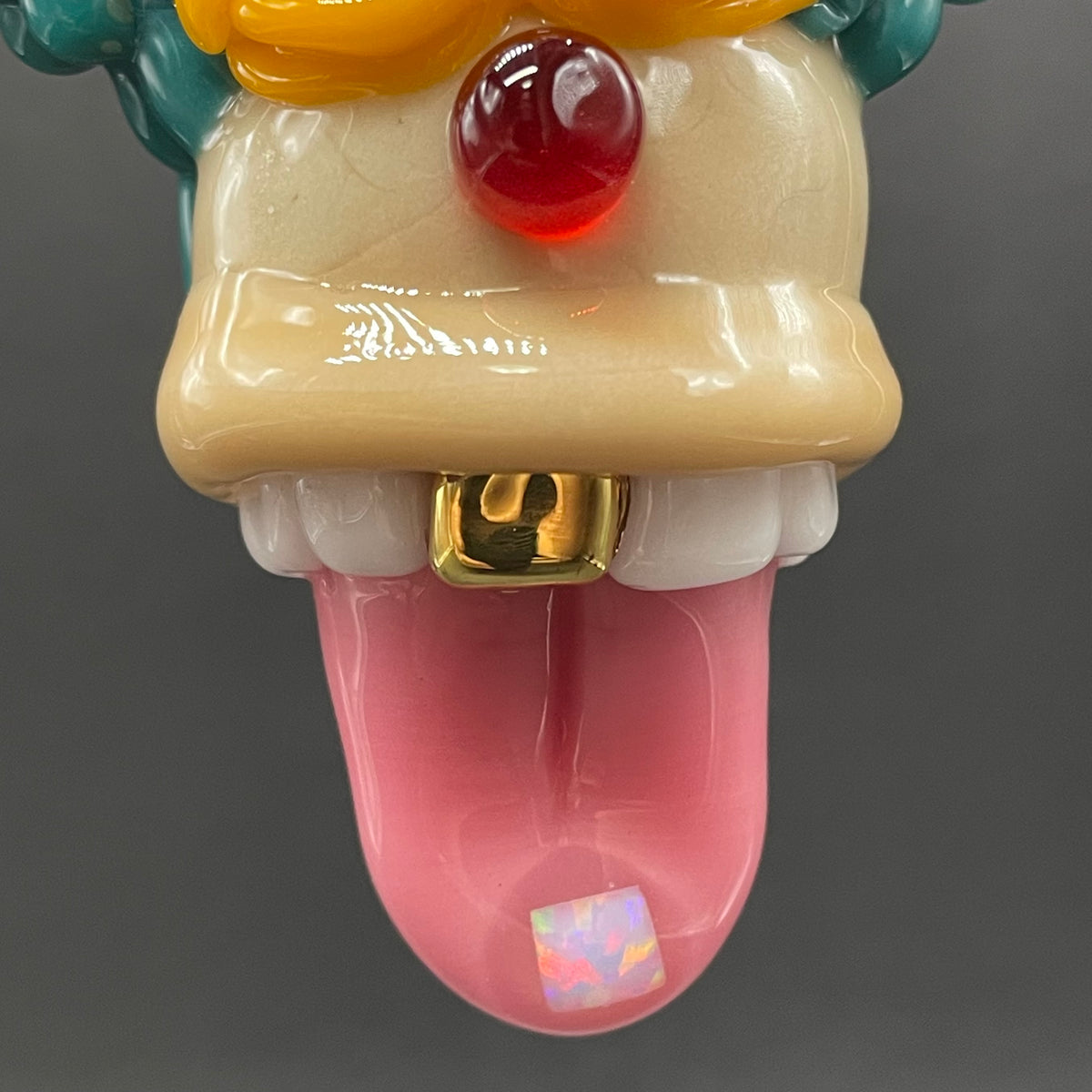Krusty the Clown handblown glass pendant - Simpsons Krusty clown face with third eye, opal tab accent, white teeth, silver rope chain - Leviathan Glass