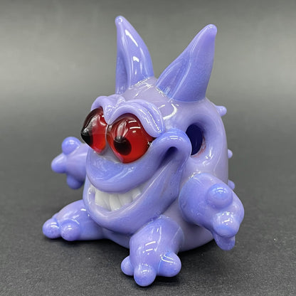 Gengar Pokémon handblown glass pendant - periwinkle purple Gengar sculpture, large red glass eyes, white teeth, clawed hands and feet, silver rope chain - Leviathan Glass