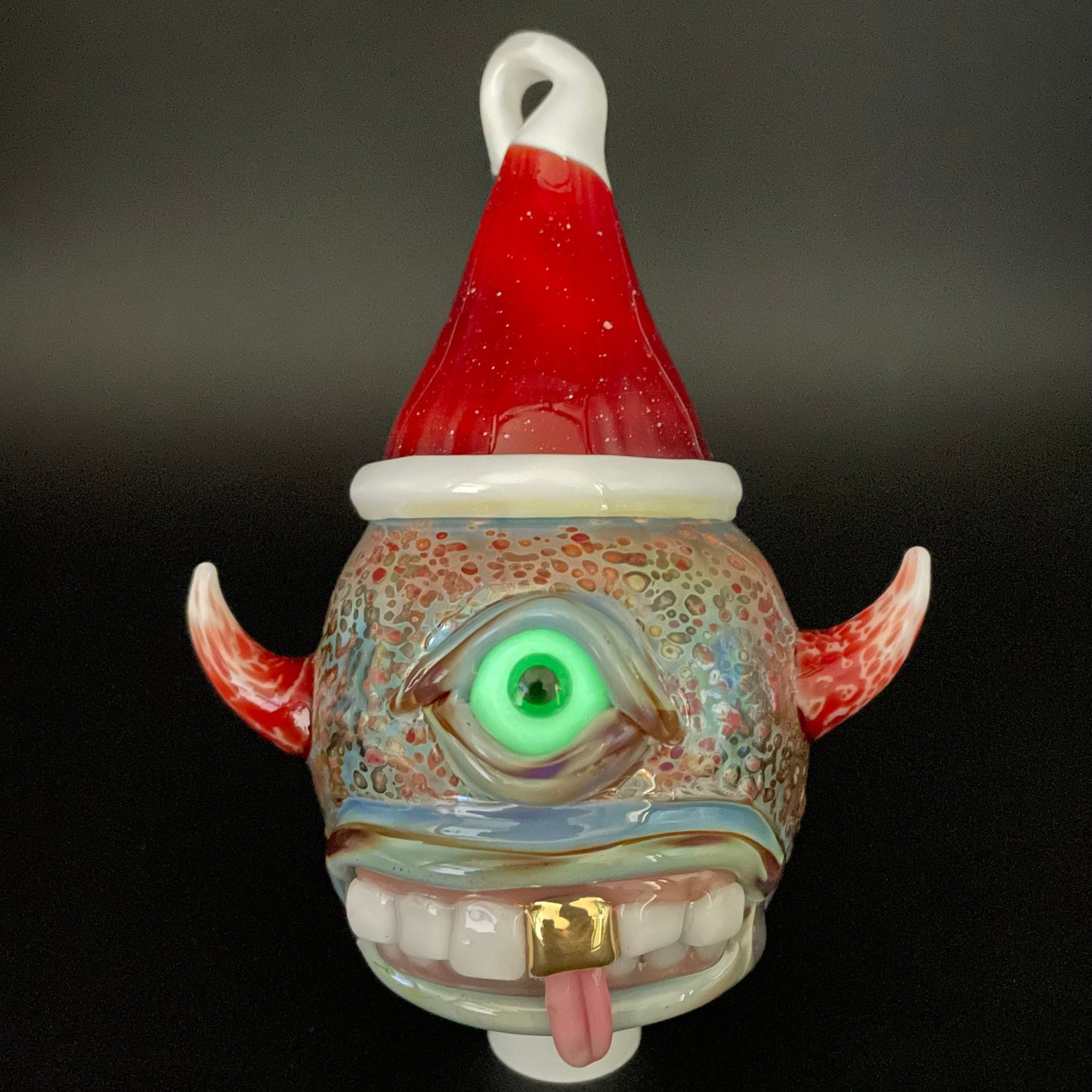 Hand-blown Santa hat cyclops ornament - Leviathan Glass original