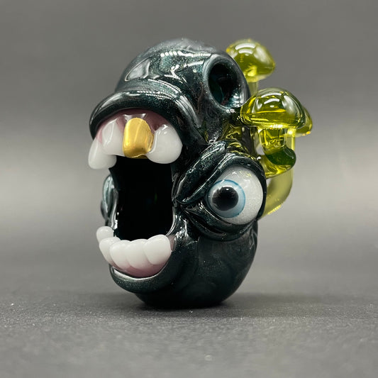 Hand-blown glass Screaming UV reactive mushroom monster pendant by Leviathan Glass