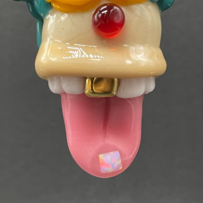 Krusty the Clown handblown glass pendant - Simpsons Krusty clown face with third eye, opal tab accent, white teeth, silver rope chain - Leviathan Glass