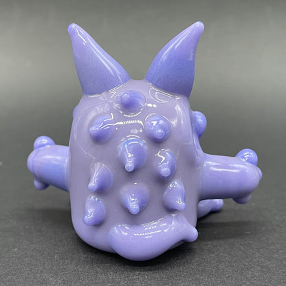 Gengar Pokémon handblown glass pendant - periwinkle purple Gengar sculpture, large red glass eyes, white teeth, clawed hands and feet, silver rope chain - Leviathan Glass