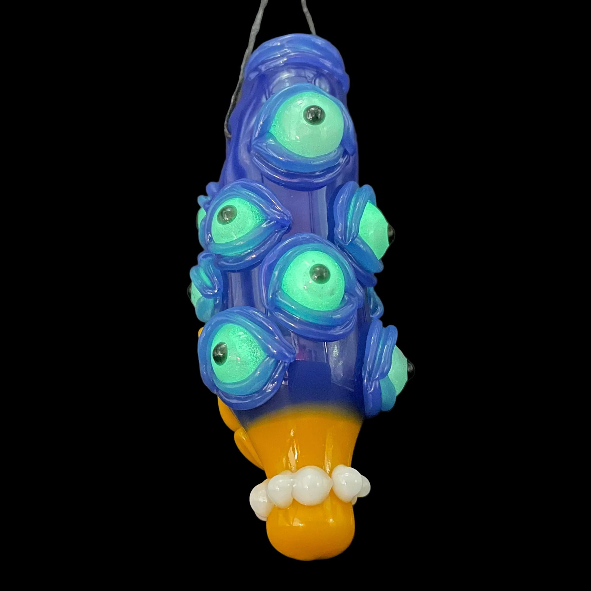 Marge Simpson Mutant handblown glass pendant - yellow Marge Simpson face with towering stack of blue cyclops creatures forming her hair, white pearl beads, silver rope chain - Leviathan Glass