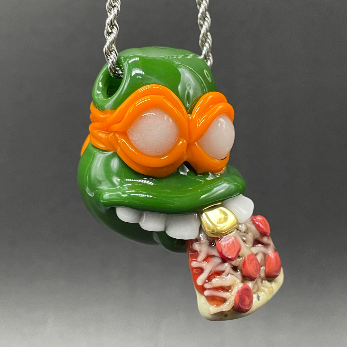 Glass Ninja Turtle Pendant – Handmade Michelangelo Pizza Necklace, TMNT Fan Jewelry